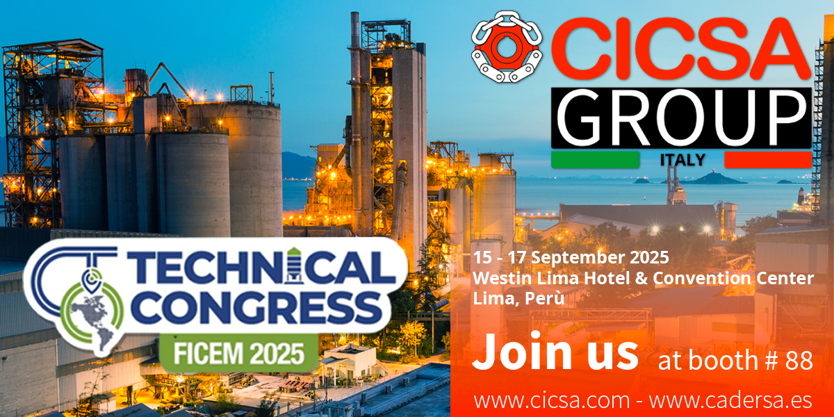 Cement plant image with text announcing participation of the CICSA Group at the FICEM 2025 event