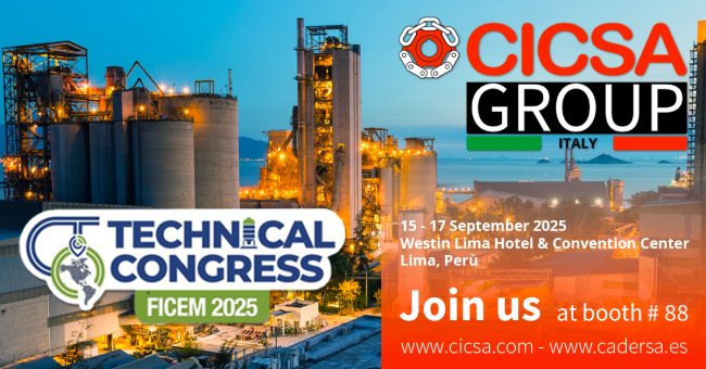 Cement plant image with text announcing participation of the CICSA Group at the FICEM 2025 event