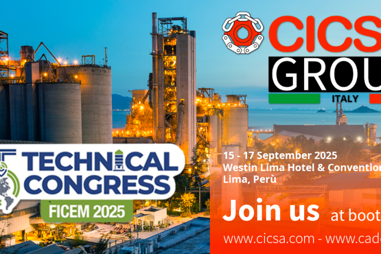 Cement plant image with text announcing participation of the CICSA Group at the FICEM 2025 event